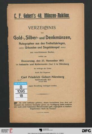 Verzeichnis von Gold-, Silber- und Denkmünzen, Autographen aus den Freiheitskriegen, Urkunden und Siegelstempel : aus verschiedenem Besitze ; ... Donnerstag, den 27. November 1913 (Katalog Nr. 48)