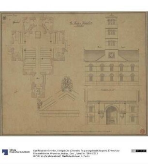 Königshütte (Chorzów, Regierungsbezirk Oppeln). Entwurf zur Elisabethkirche. Grundriss, Aufriss, Querschnitt und Detail des Giebels