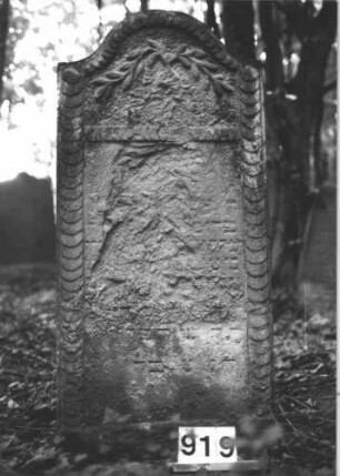 Grabstein 919 (Index: 99899407) Material: Sandstein Zustand: fast völlig verwittert Maße HxBxT: 126x57x9 cm Beschreibung: Stele mit Konvexbogenabschluss, rahmendes Scheibenfries, im Bogenfeld Olivenzweige(?) Symbolik: Olivenzweige(?), Scheibenfries: Grabstein 919