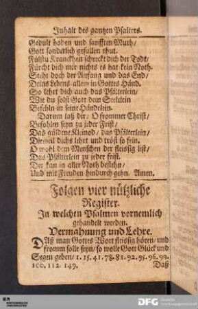 Folgen vier nützliche Register. In welchen Psalmen vornemlich gehandelt werden.