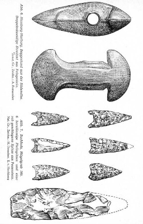 Abb. 7. Buchholz, Hügelgrab 169. 6 herzförmige Pfeilspitzen und eine roh geschlagene Spitze aus Feuerstein. Nat. Gr.
