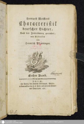Erster Band: Leonard Meisters Characteristik deutscher Dichter : nach der Zeitordnung gereyhet