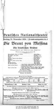 Die Braut von Messina oder Die feindlichen Brüder
