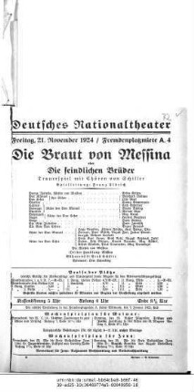 Die Braut von Messina oder Die feindlichen Brüder