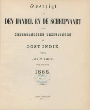 1868: Overzigt van den handel, de scheepvaart en de inkomende en uitgaande regten in de bezittingen buiten Java en Madura, over het jaar