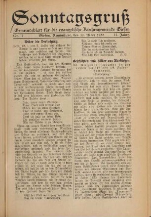 Sonntagsgruß : Gemeindeblatt für die Evangelische Kirchengemeinde Gießen