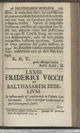 LXXIII. Friderici Viccii ad Balthasarem Bebelium