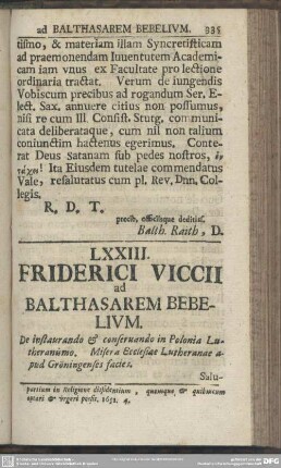 LXXIII. Friderici Viccii ad Balthasarem Bebelium