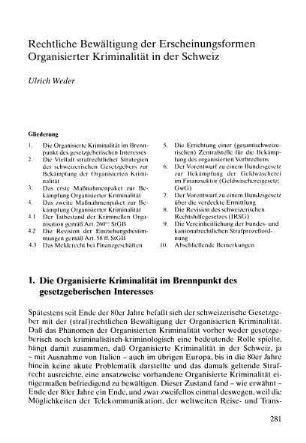 281-295, Rechtliche Bewältigung der Erscheinungsformen Organisierter Kriminalität in der Schweiz