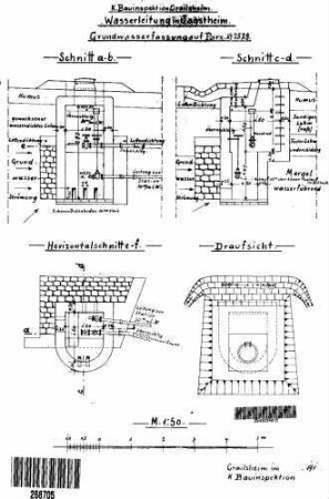 Jagstheim: Empfangsgebäude Verwaltungsgebäude Wasserleitung (Grundriß,Schnitte)
