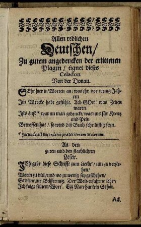 Allen redlichen Deutschen/ Zu gutem angedencken der erlittenen Plagen/ eignet dieses Celadon Von der Donau.
