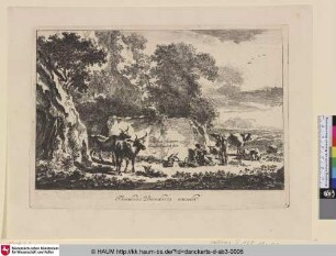[Hirten mit ihrer Herde vor einem Stein; Near a rock two cows in front of a stone]