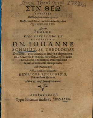 Exēgēsis Dicti Apostolici Hebr. 13. v. 4.
