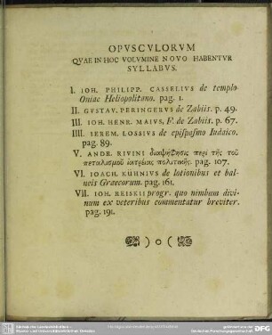 Opusculorum Quae In Hoc Volumine Novo Habentur Syllabus