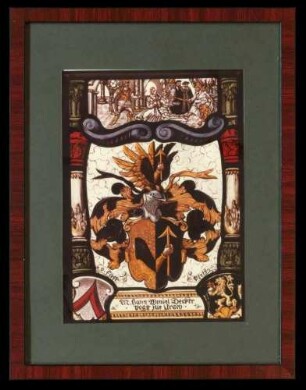 Farbfoto von einem Wappenfenster für M. Hans Wendel Decker, Vogt zu Urach (gest. 1603), 25,5 cm hoch x 20 cm breit, im Glasrahmen