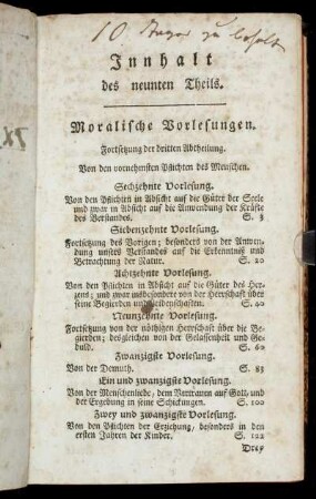 Innhalt des neunten Theils.