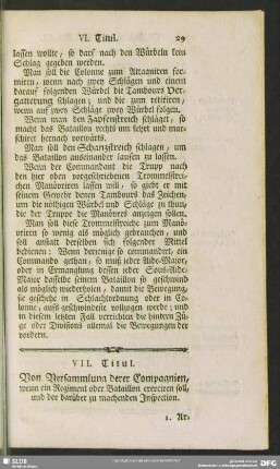 VII. Titul. Von Versammlung derer Compagnien, wenn ein Regiment oder Bataillon exerciren soll, und der darüber zu machenden Inspection