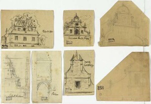 Doppelgiebel vom Kloster Hirsau, Giebel aus Darmstadt, Giebel von der Karlsburg in Durlach (Karlsruhe), Giebelausschnitte vom Lübecker Rathaus, Giebel vom Großh. Schloss in Darmstadt, Giebel von der Hohen Schule in Büdingen