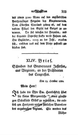 XLIV. Brief - Schreiben des Gouverneurs Jefferson, aus Virginien, an den Präsidenten des Congresses