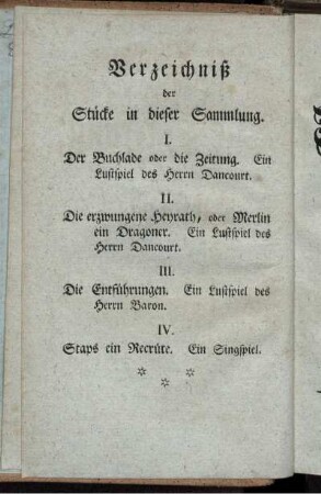 Verzeichniß der Stücke in dieser Sammlung.
