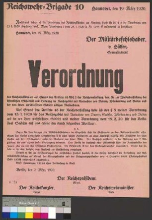 Bekanntmachung der Verordnung des Reichspräsidenten vom 2. März 1920 zur Wiederherstellung der öffentlichen Sicherheit und Ordnung im Reichsgebiet während des Generalstreiks in Braunschweig im März 1920