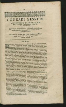 Conradi Gesneri Annotationes In Athenagorae Apologiam, sive Legationem Pro Christianis.
