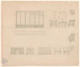 Adler, Friedrich; Bücherschrank - Bücherschrank (Grundriss, Ansicht); Fauteuils (Ansichten, Perspektive); Tisch (Grundriss, Ansicht); Schreibtisch (Ansichten)