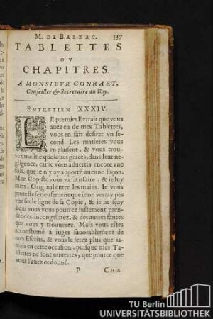 M. De Balzac. Tablettes Ov Chapitres. A Monsievr Conrart, Conseiller & Secretaire du Roy. Entretien XXXIV.