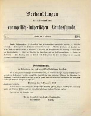 Verhandlungen der Außerordentlichen Evangelisch-Lutherischen Landessynode im Königreiche Sachsen. 1892