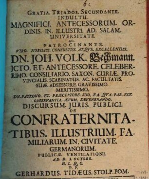 Discursus iuris publ. de confraternitatibus illustrium familiarum in civitate Germanorum