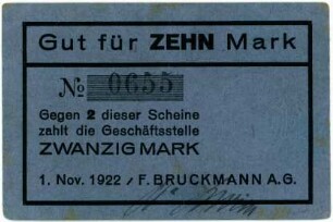 Geldschein / Notgeld, 10 Mark, 1.11.1922