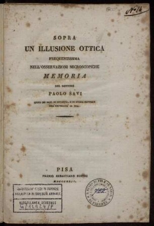 Sopra Un Illusione Ottica Frequentissima Nell'Osservazioni Microscopiche : Memoria