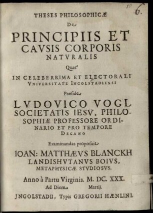 Theses Philosophicae De Principiis Et Cavsis Corporis Natvralis