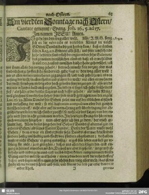 Am vierdten Sonntage nach Ostern, Cantate genannt, Evang. Joh. 16, 5. ad 17.
