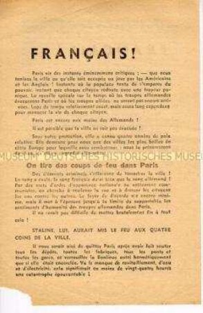 Propagandaflugblatt aus dem besetzten Frankreich mit dem Aufruf des Kommandanten der Wehrmacht von Paris zu Ruhe und Gehorsam bei der bevorstehenden Evakuierung