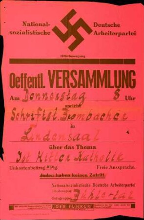 Versammlung der NSDAP-Ortsgruppe Bühlertal: Ist Hitler Katholik?