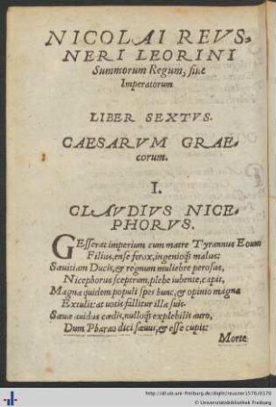 Nicolai Reusneri Leorini Summorum regum Liber Sextus.