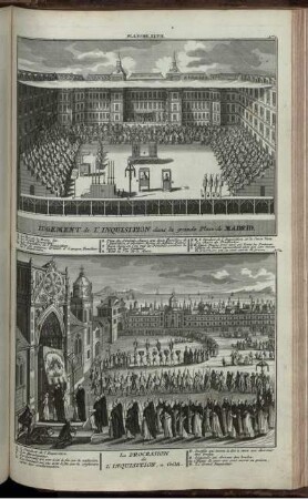 Planche. XLVII. : No 1. Jugement de L' Inquisition dans la grande Place de Madrid ; No 2. La Procession de L' Inquisition, a Goa
