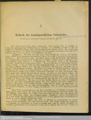 Methode des fremdsprachlichen Unterrichts [ein Beitrag zur praktischen Pädagogik]