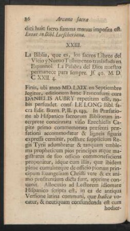 XXIII. La Biblia, que es, los sacros Libros del Vieio y Nuevo Testamento trasladada ...