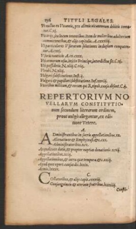 Repertorium Novellarum Constitutionum secundum literarum ordinem ... ex editione Vetere.