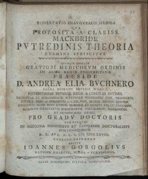 Dissertatio Inavgvralis Medica Qva Proposita A Clariss. Mackbride Pvtredinis Theoria Examini Svbiicitvr