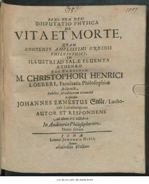 Disputatio Physica De Vita Et Morte