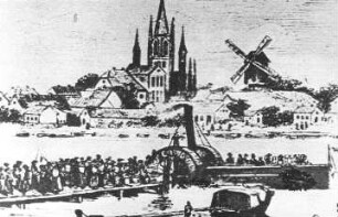 Werder (Havel). Stadtansicht mit Bockmühle, 1850, Ausschnitt, Repro