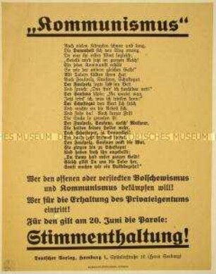 In Versform gefasster antibolschewistischer und antikommunistischer Boykottaufruf gegenüber dem Volksentscheid zur Fürstenenteignung