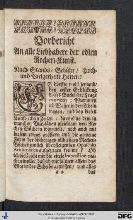 Vorbericht an alle Liebhabere der edlen Rechen-Kunst.