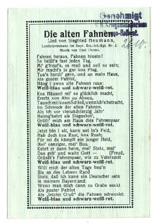 Postkarten mit Liedertexten: Die alten Fahnen (mit Zensurvermerk 26.10.1916)