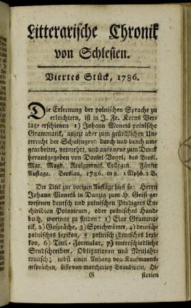 Litterarische Chronik von Schlesien. Viertes Stück, 1786.
