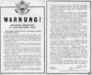 Abwurf-Flugblatt der Alliierten mit einer Warnung von US-Präsident Roosevelt an das deutsche Volk, sich an den Verbrechen der Nazis zu beteiligen