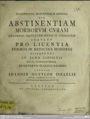 Dissertatio Inauguralis Medica Qua Abstinentiam Morborum Curam